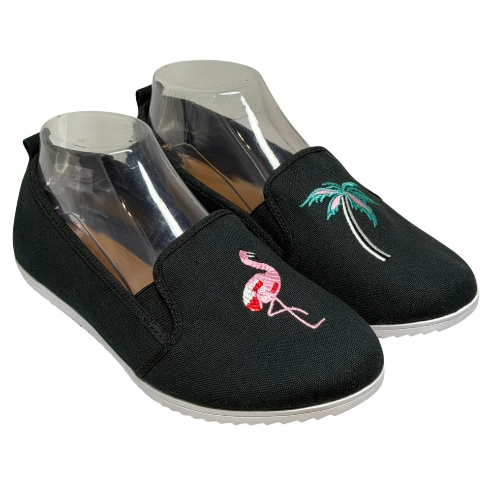 Comfortview Sz 8M Abby Slip‑On Shoes Black Canvas Flamingo Palm Tree Embroidery